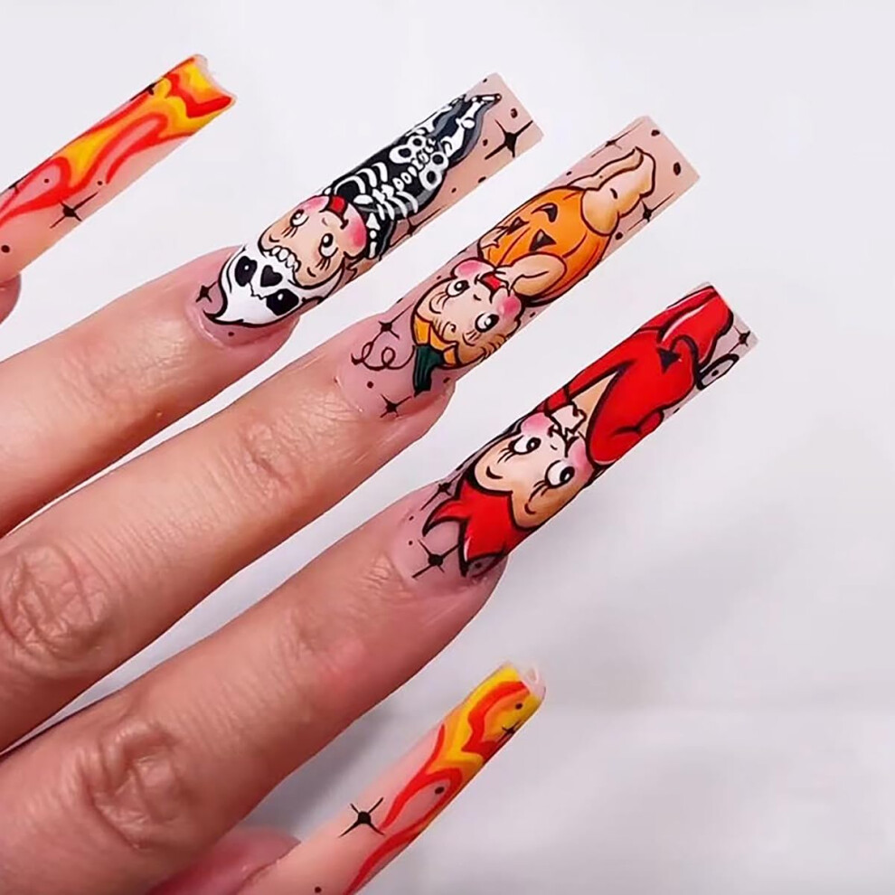 Halloween Coffin Press on Nails Long Acrylic Fake Nails for Women Girls 24pcs Reusable Nail Kit