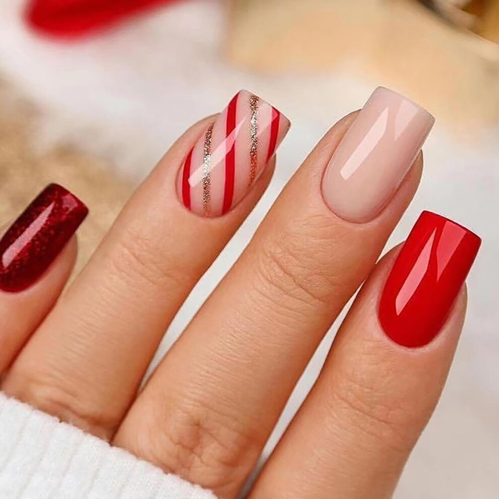 Red,Cream Christmas Short Square Press On Nails Nude Red Glitter Stripe Fake Nails With Glue 24Pcs
