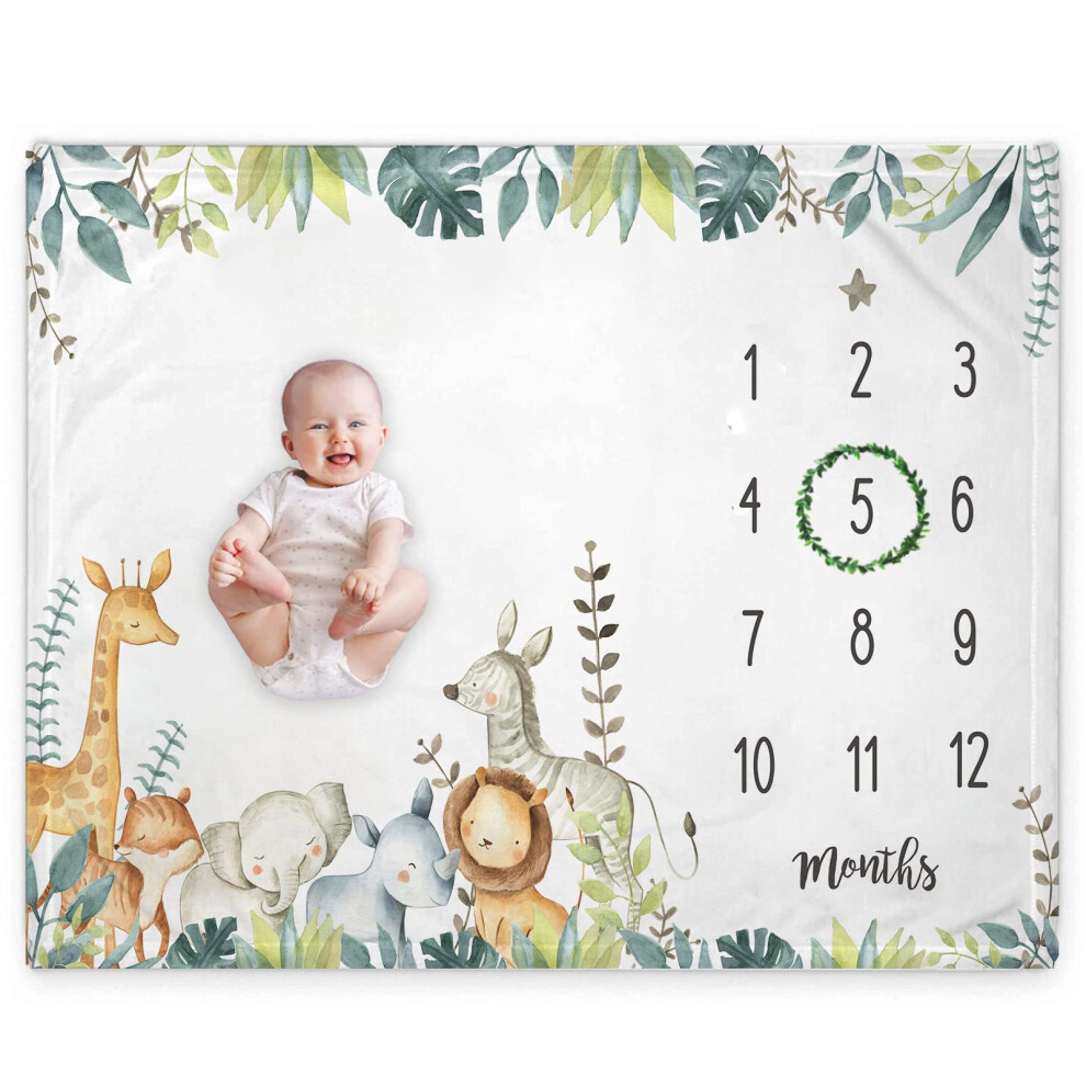 Baby Milestone Blanket Jungle Animals Safari Design Monthly Growth Chart for Nursery Decor 50x40