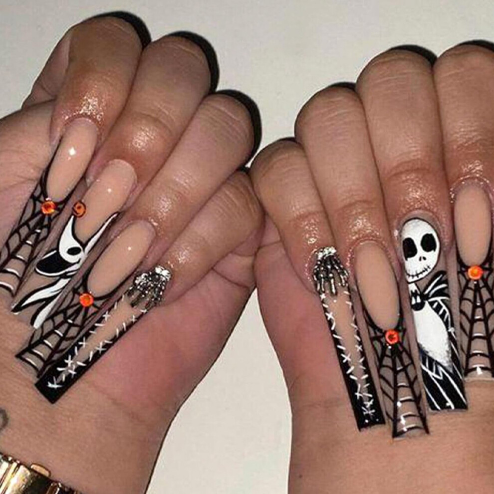 Halloween Press on Nails Matte French Tip Skull and Spider Web Nail Art Set 24pcs Reusable