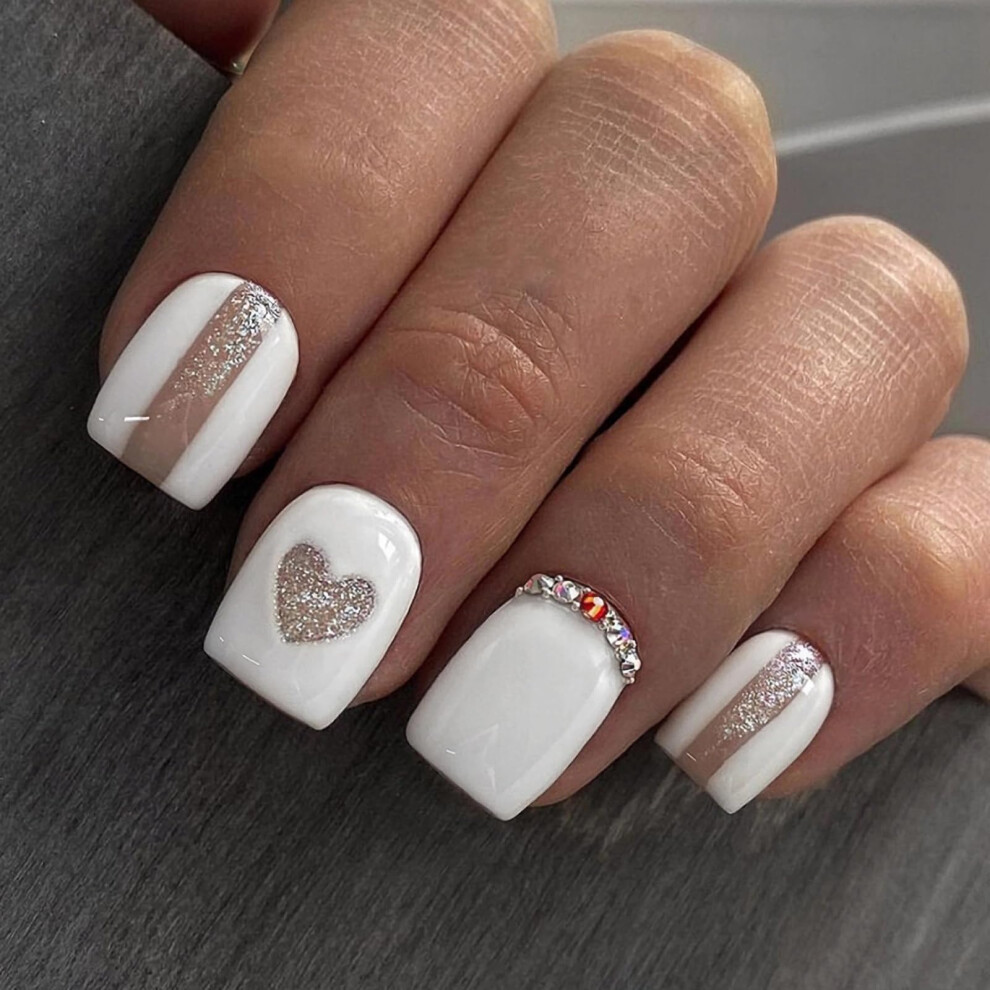 White Short Press On Nails Acrylic Abs Heart Squoval Glitter Fake Nails Set 24Pcs Glossy Finish
