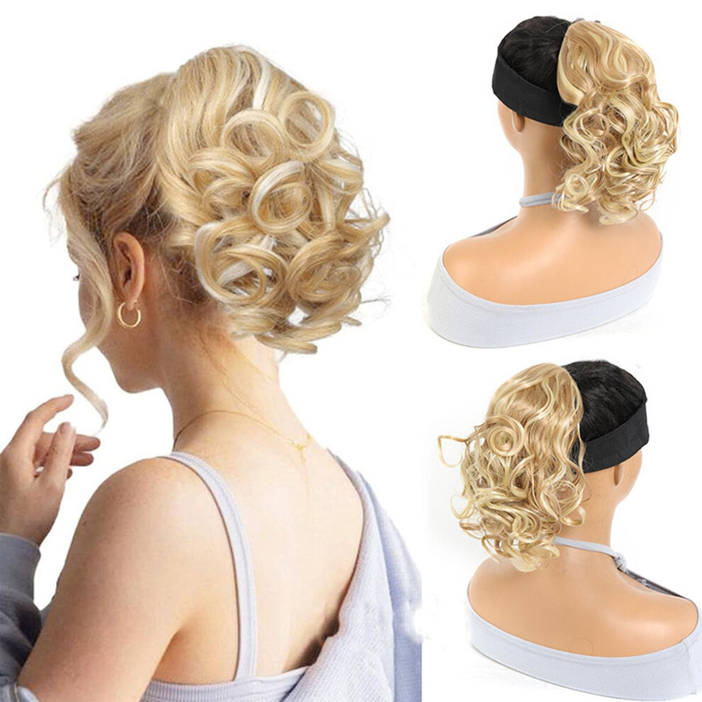 Unisex White Curly Drawstring Ponytail Extension Short Wavy 8In Blonde With Highlights Synthetic Hairpiece