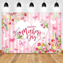 7x5ft Happy Mother's Day Backdrop Pink Stripe Floral Mother's Day Photography Background Pink Mothers Day Party