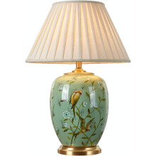 Vintage Green Ceramic Table Lamp with Bird Floral Pleated Shade and Brass Base for Living Room