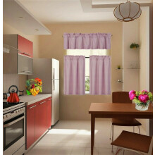 Set of 3 Kitchen Curtains Blackout K33 Pink, Rod Pocket, 2 Tier Panels Linen + 1 Matching Valance, compatible with bathroom short window home décor
