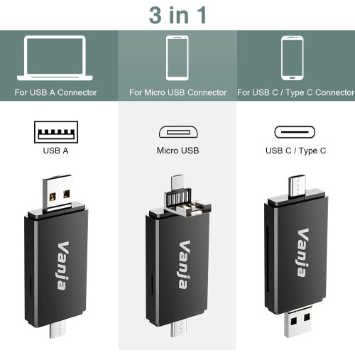 3 in 1 Micro SD Card Reader USB-C USB-A Micro USB Portable Memory Card Reader Trail Camera SD Card Adapter 1