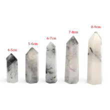 RSAMD Natural Black Hair Crystal Tourmaline Quartz Hexagonal Point Wand Healing Reiki-8~9cm
