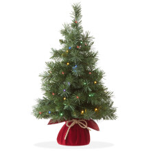 2FT Pre-Lit Artificial Mini Christmas Tree, Green Fir Tabletop Tree with Multicolor Lights and Velvet Bag