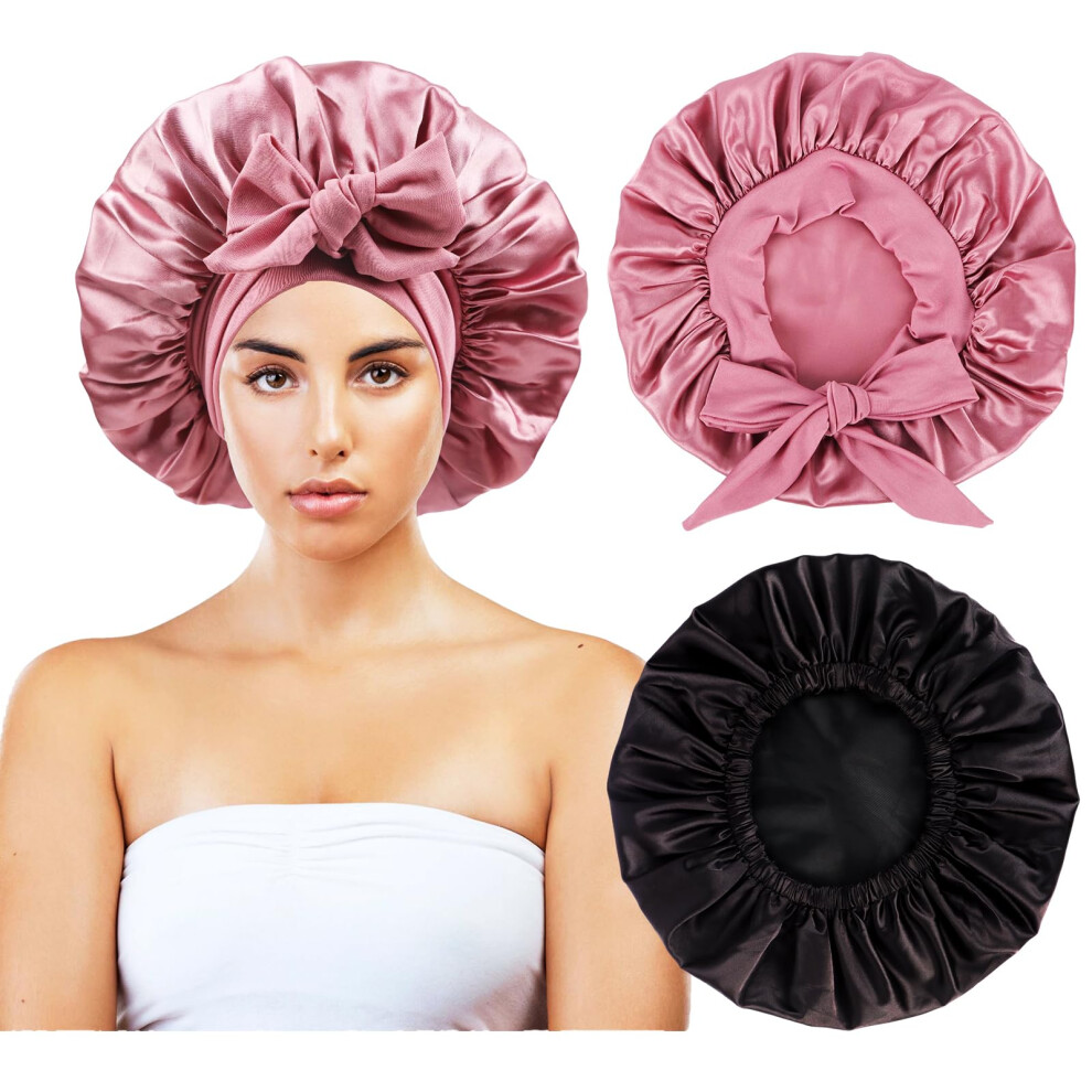 Adjustable Satin Shower Cap and Bonnet for Women and Men, Reusable Waterproof Hair Protection