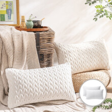 Phantoscope Quilted Velvet Braid Textured Pleated Square Decorative Throw Pillow Cushion for Couch, 12" x 20", White, 2 Pack