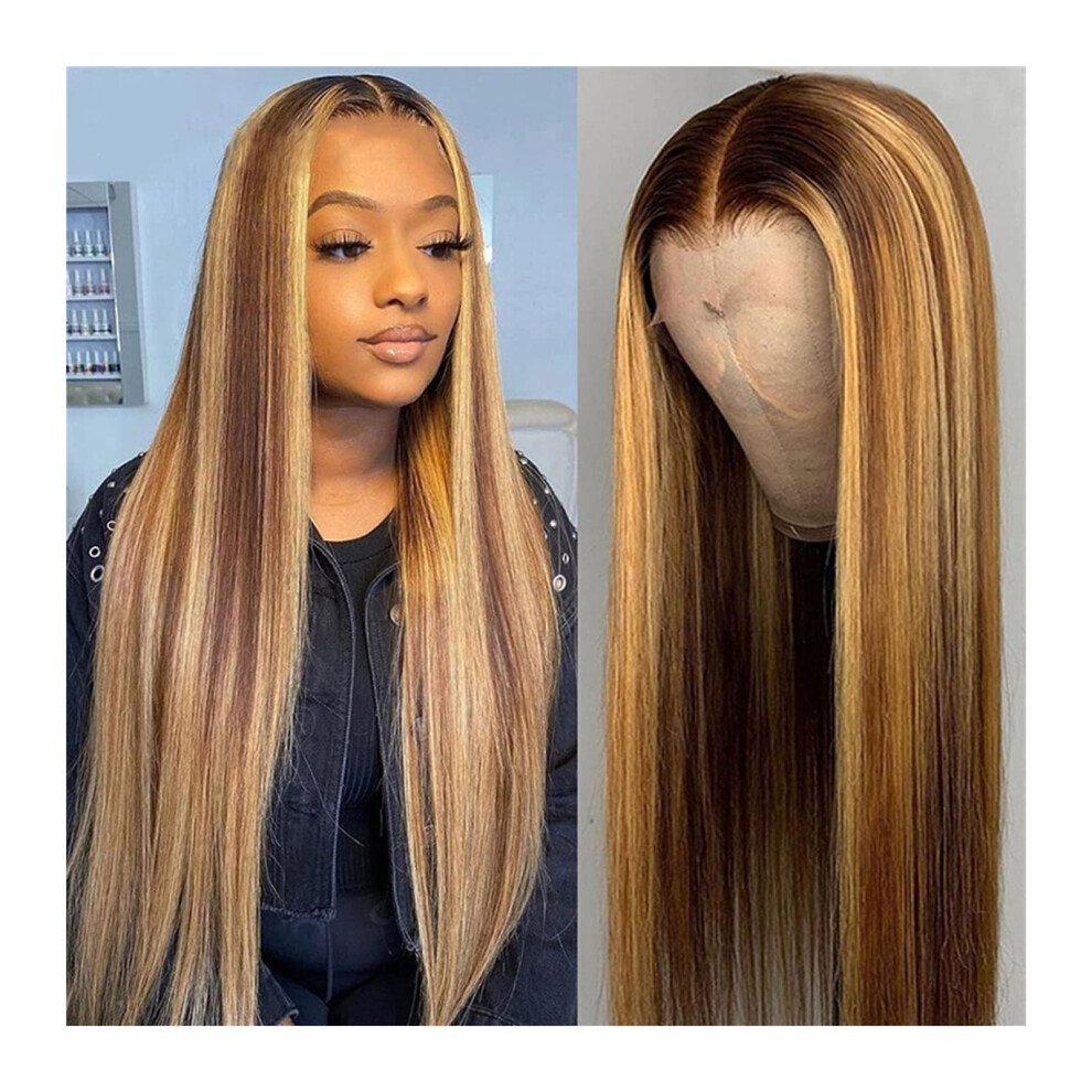 Unisex Black Human Hair Lace Front Wig Pre Plucked Highlight Ombre Brazilian Remy Straight 13X4 Hd Transparent 180% Density For Women