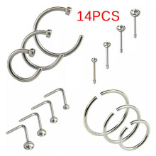 RSAMD 14Pcs/Set-Stainless Steel Hinged Segment Nose Ring Bone Studs Hoop Body-Pierc IM
