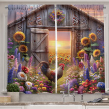 Ambesonne Rustic Kitchen Curtains, Colorful Flowers and Rooster, 55"x24", Mauve Taupe and Multicolor