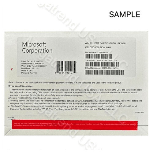 Compatible with Microsoft Windows 11 Home 64 Bit OEM (DVD)