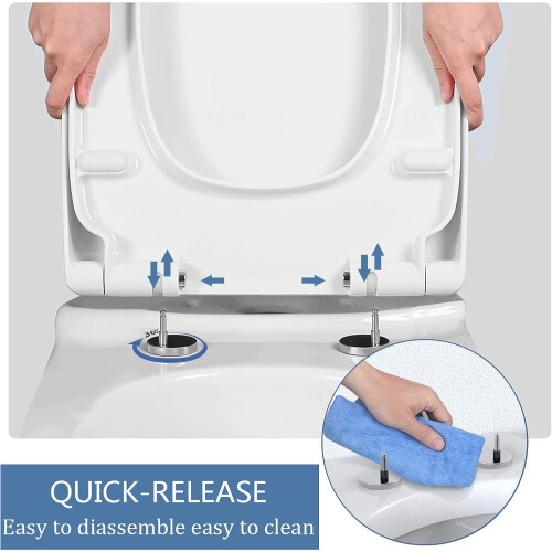 Soft Close Rectangular Toilet Seat with Quick Release Hinges Heavy Duty White 34.5x43cm 2