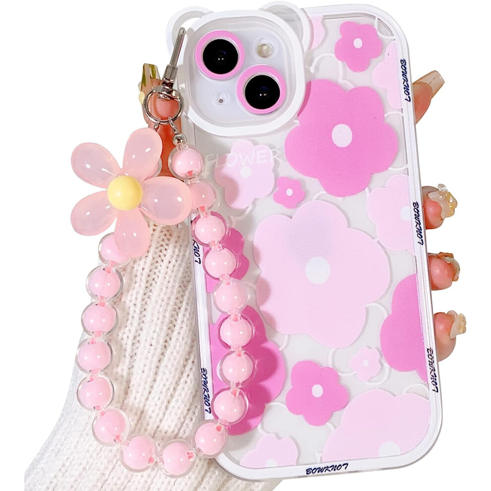 Compatible With Iphone 14 Case Cute Bear Ears Clear Floral Pattern Soft Tpu Full Protection Cover With Chain Bracelet For Girls Women - Bear Pink 9418476301247