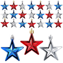 24Pcs 4th of July Patriotic Star Ornaments Patriotic Decorations Red Blue Silver Star Shaped Baubles Ornament For Home Tree