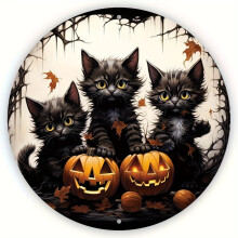 Charming Cat & Pumpkin Round Aluminum Sign (8"X8") - Perfect For Wreaths, Room Decor, Kitchen, Garden, Office & Garage
