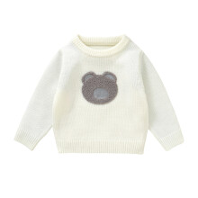 Baby Boy Girl Solid Pullover Sweater, Cozy Thick Knit Long Sleeve with Cute Bear Design, Round Neck, 74 (6-9M), White