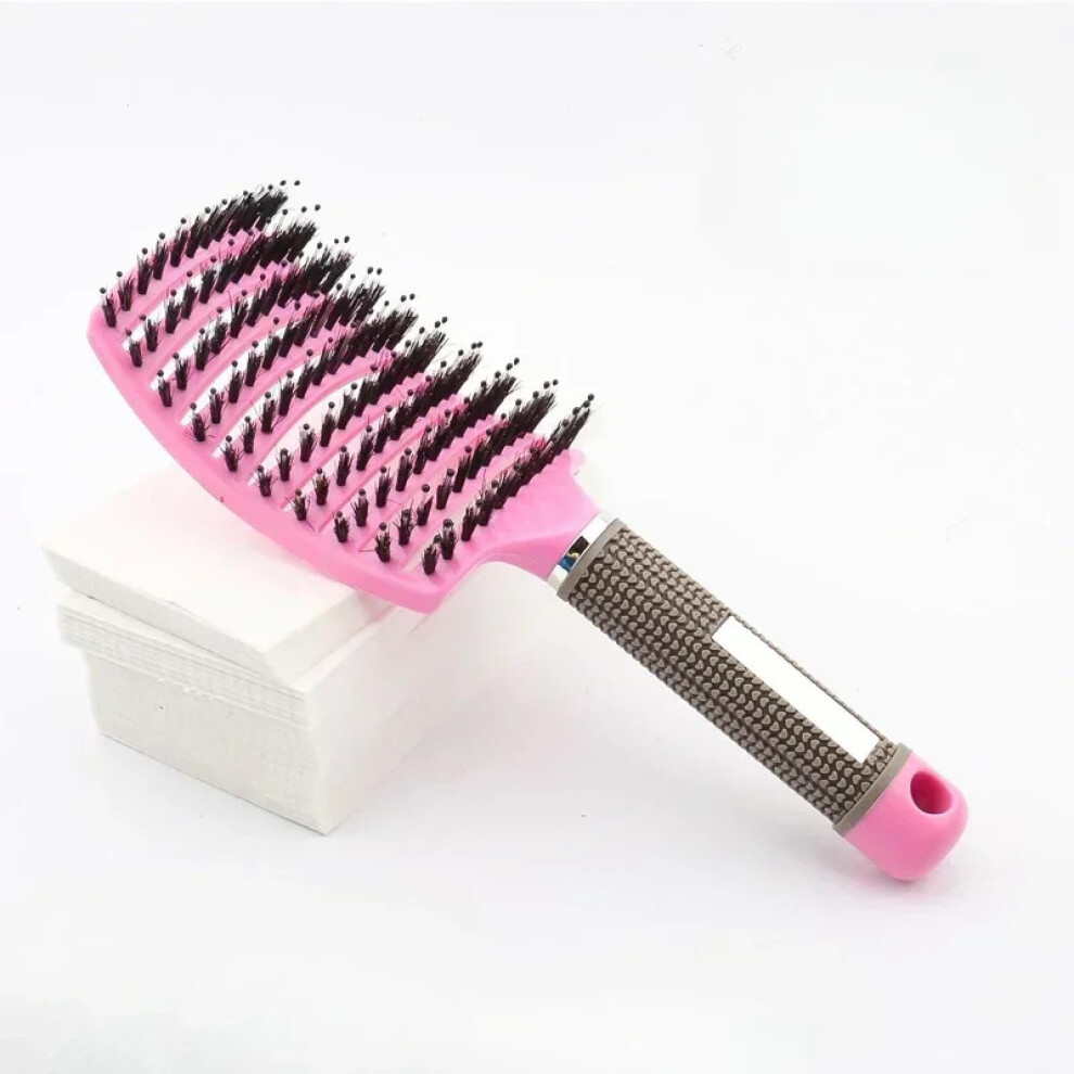 Pink Detangling Hair Brush With Nylon Bristles, Curved Vented Design For Wet And Dry Hair,