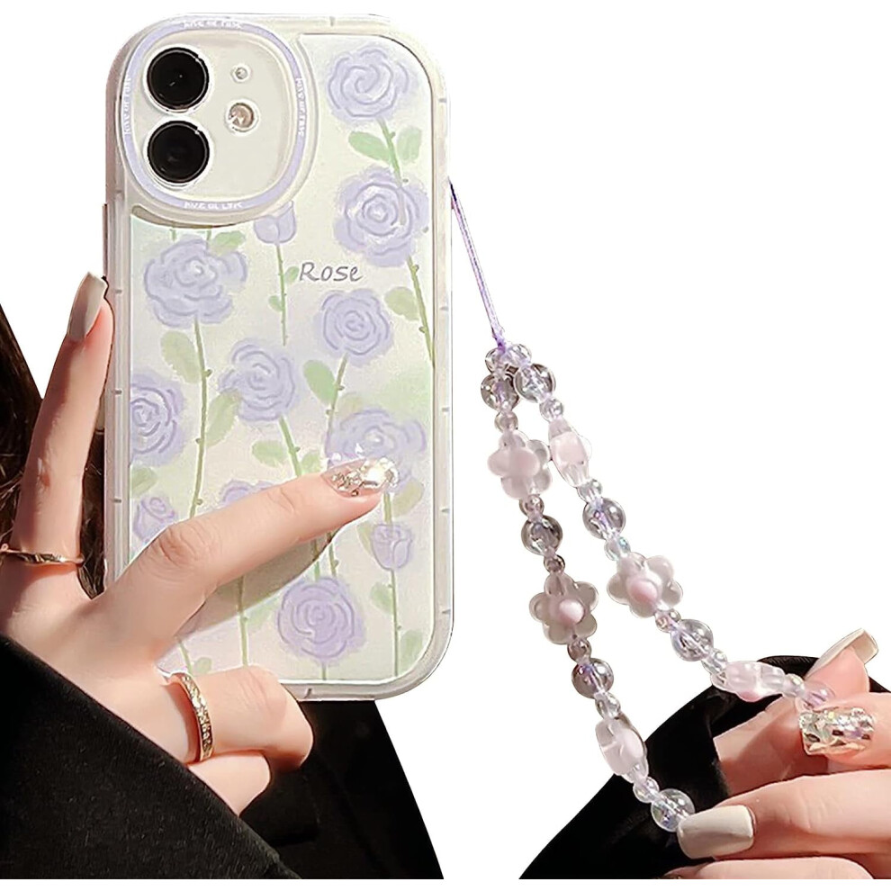 Compatible With Iphone 11 Case With Chain Elegant Floral Cover, Lovely Flower Bracelet Wrist Band For Women Girls, Soft Tpu Cover-Rose Purple 9558633682618