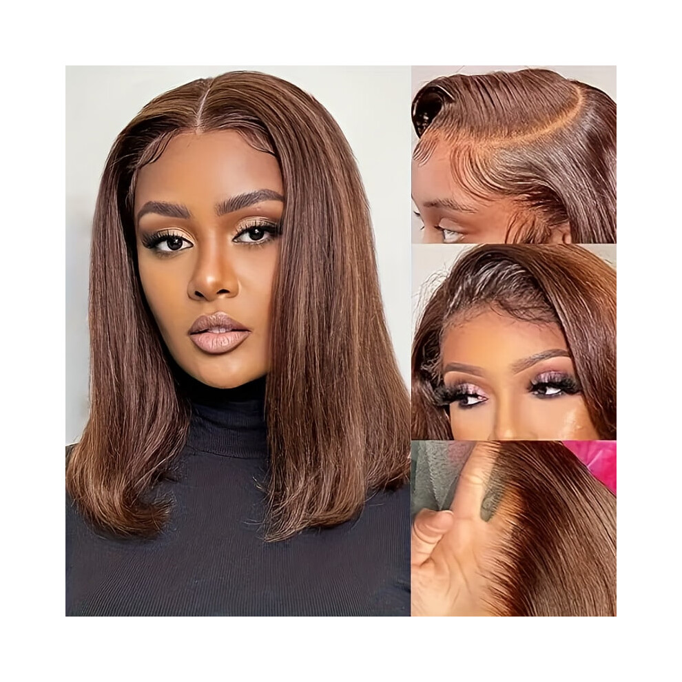 Unisex Brown Glueless Wigs Dark Human Hair 4X4 Lace Frontal Pre-Plucked Natural Hairline Chocolate Bob Wig For Women