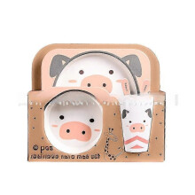 Creative New Bamboo Fiber Children's Dinnerware Set Five Piece Set Preschool Baby Pink.Pig Five.piece.set.with.box