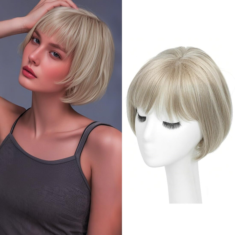 Unisex Hair Topper Straight 25Cm Synthetic Wiglet With Blunt Bangs Large Base P18/60 For Thinning Hair