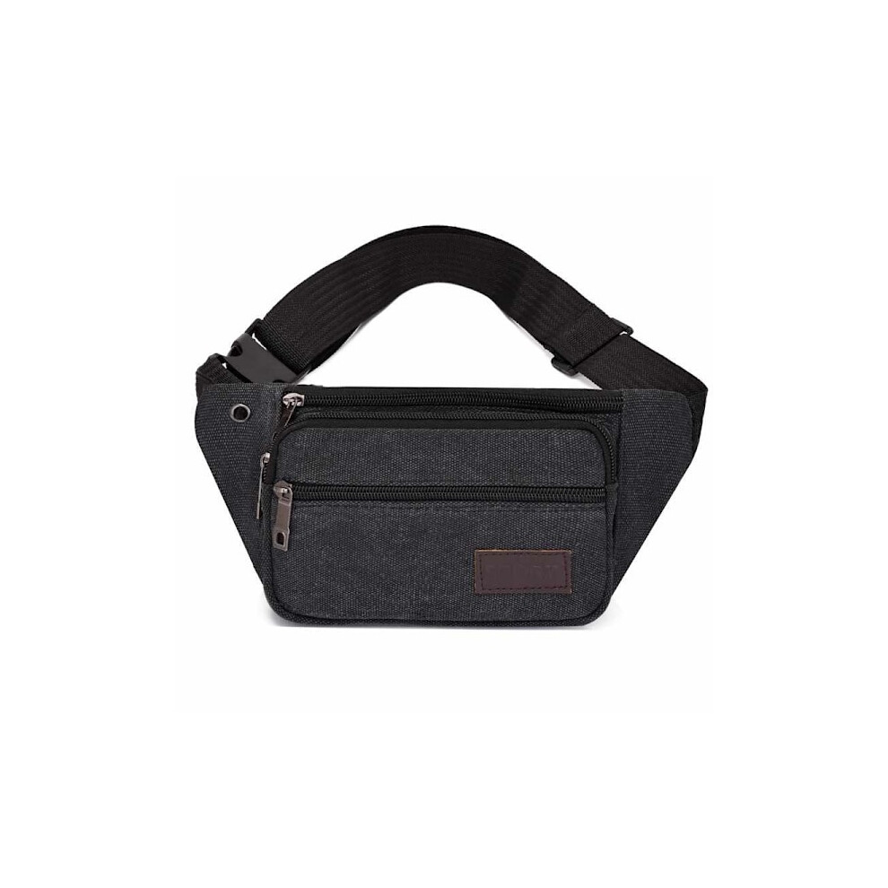 Waist Bag - 3 Compartments Canvas Fabric Various Colors Black 9193271534464