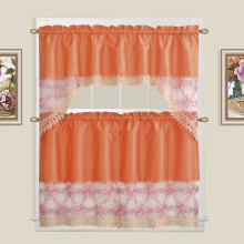 Flower Embroidered 3-Piece Kitchen Curtain Tiers & Swag Set, Orange color, 58x36 & 28x36 inches for daily life and holiday