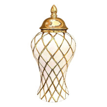 Porcelain Ginger Jar Ceramic Vase 12 Inch Blue and White Oriental Decorative Storage with Gold Trim