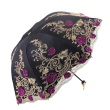 Vintage Lace Wedding Umbrella UV Protection Windproof Folding Bridal Parasol with Bag Black