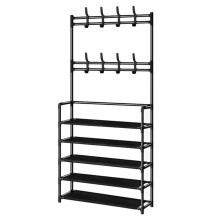 5Tier Coat Rack with Shoe Storage and Hooks, Entryway Freestanding Garment Organizer with Hat Hanger, Black