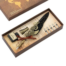 0.5mm Luxury Fountain Pen Set Vintage Steampunk Style Sprinkling Gold Feather Quill Pen Ink Set Glittering Signature Dip Pen Black