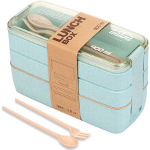 3-in-1 Stackable Lunch Bento Box with Spoon and Fork Blue