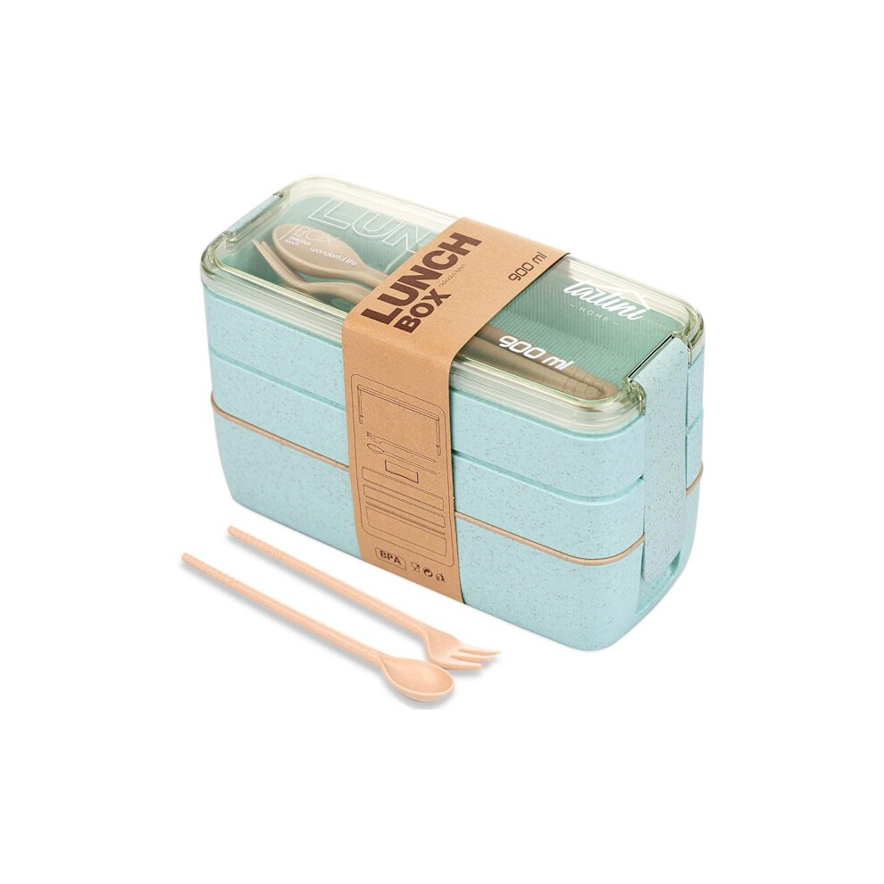 3-In-1 Stackable Lunch Bento Box With Spoon And Fork Blue