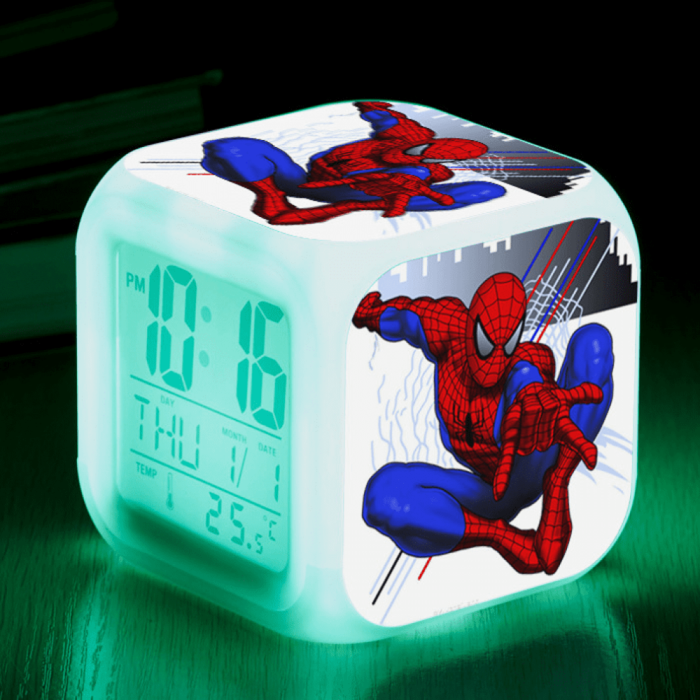 Hanntaoo Digital Alarm Clock For Kids, Spider-Man Led Color Changing Clock With Thermometer, Night Gift For Boys Girls, Compatible With Light