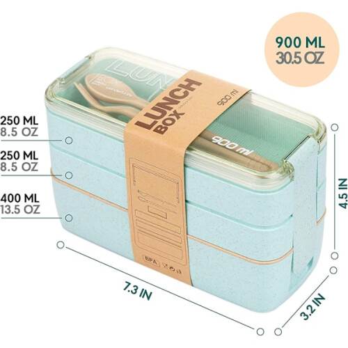 3-in-1 Stackable Lunch Bento Box with Spoon and Fork Blue 2