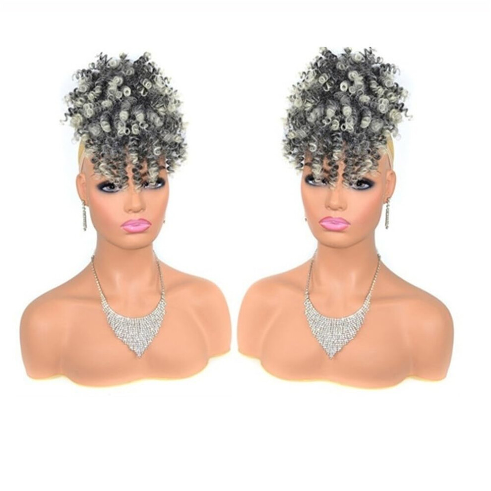 Unisex Black Afro Puff Bun With Bangs Short Kinky Curly Drawstring Ponytail Synthetic Hair Extension Natural To Bleach Blonde