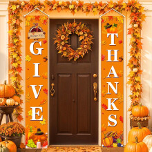 Thanksgiving Porch Sign Fall Harvest Door Banner with Pumpkins and Maple Leaves for Farmhouse Decor