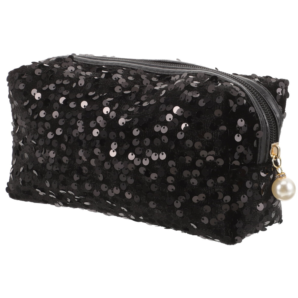 Black Phlegsive Sequin Cosmetic Bag Glitter Makeup Zipper Toiletry Organizer For Women (Black)
