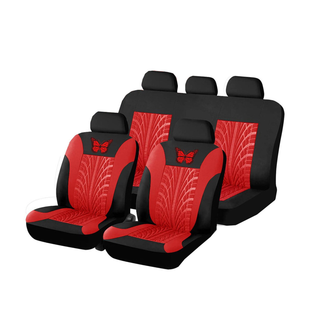 Universal Car Seat Covers Full Set Protector Cushion Front Rear 3D Butterfly Embroidery Pattern, Red 9130661593489