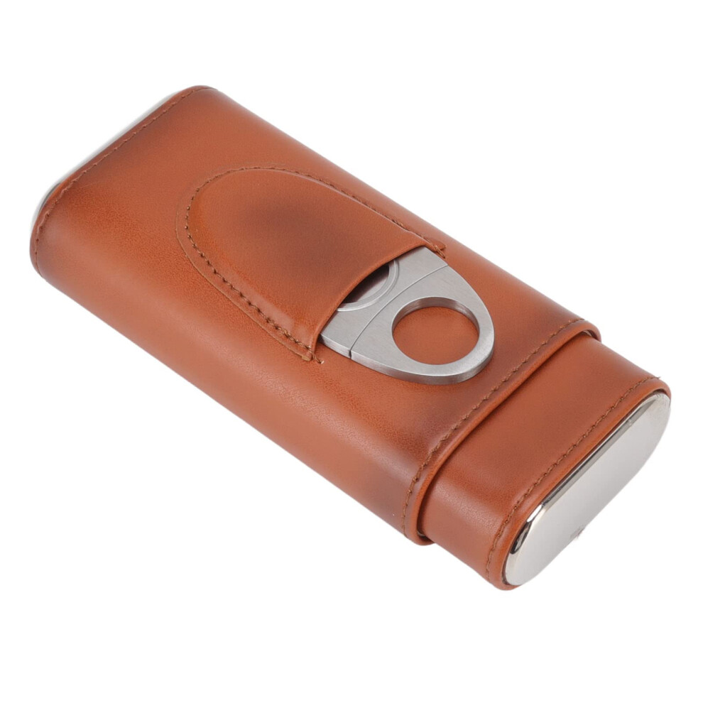 Brown Leather Cigar Case With Cutter, Elegant Glossy Travel 3 Finger Cigar Holder For Men,