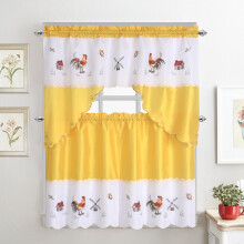 Rooster Embroidered 3-Piece Kitchen Curtain Tiers & Swag Set, Yellow color, 58x36 & 28x36 inches for daily life and holiday