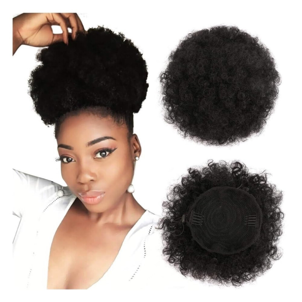 Unisex Black Afro Puff Hair Bun With Natural Kinky Curly Texture, Volumizing Chignon Updo Extension