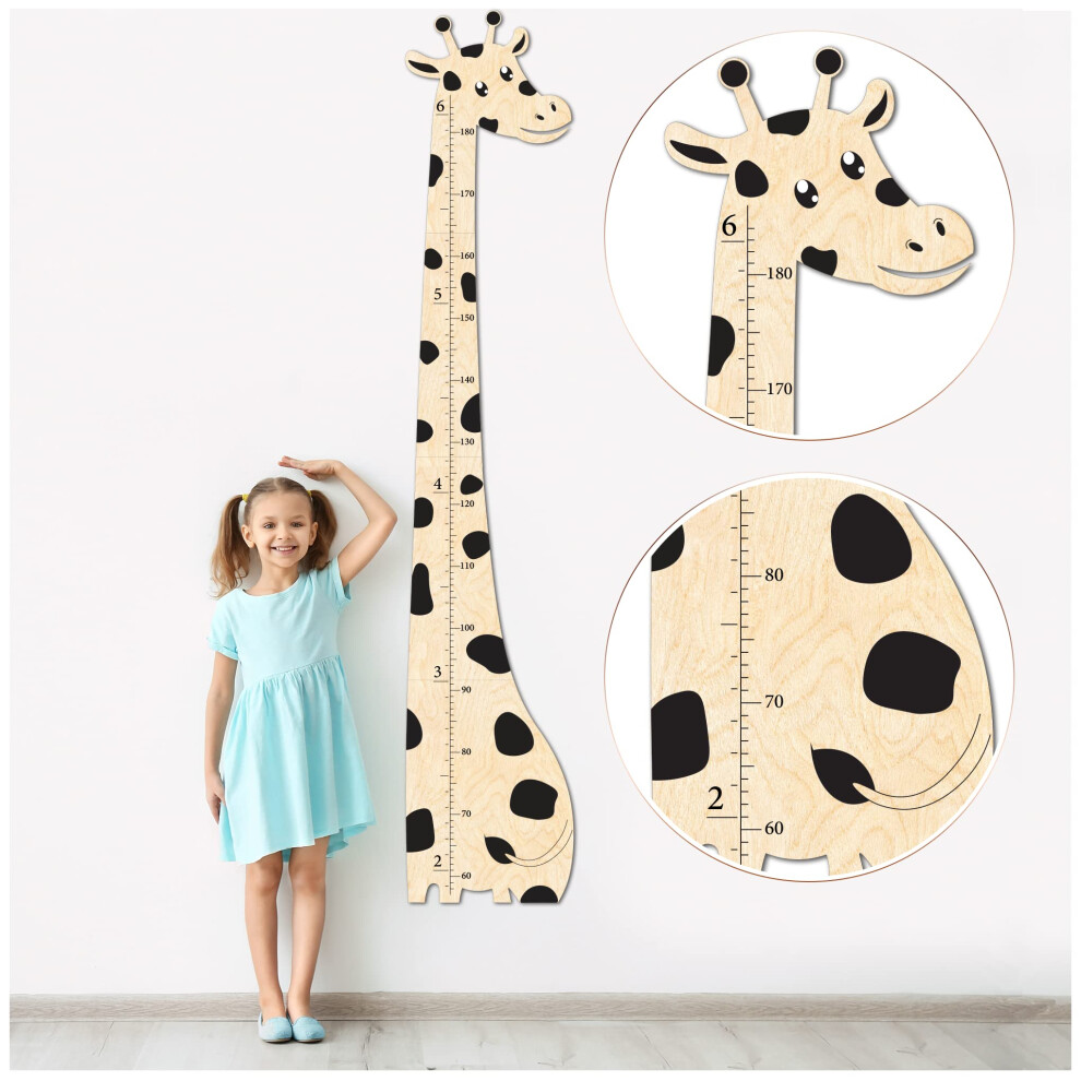 Wooden Growth Chart for Kids with Giraffe Design, Custom Name Height Ruler up to 6ft