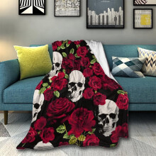 Luxury Fleece Blanket for Men Women, Warm and Fuzzy Blanket Red Rose Skull for Sofa Couch Car Sleep, Funny Holiday Decoration Blankets, 80x60 Inches