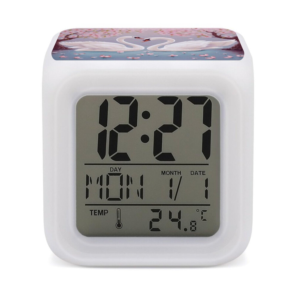 Swan Led Alarm Clock With 7Color Glow, Large Lcd And Temperature Display For Kids Bedroom White