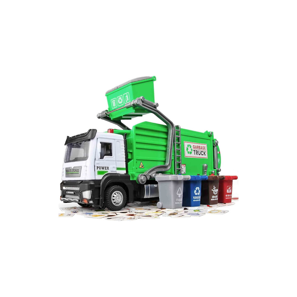 Garbage Truck Toys for Kids, Compatible with Trash Cans, Metal Diecast Cab, Pull Back Toy with Lights & Sounds