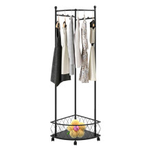 Corner Coat Rack with Wheels and Shelf, Entryway Hall Tree with Hooks and Storage Basket, Black